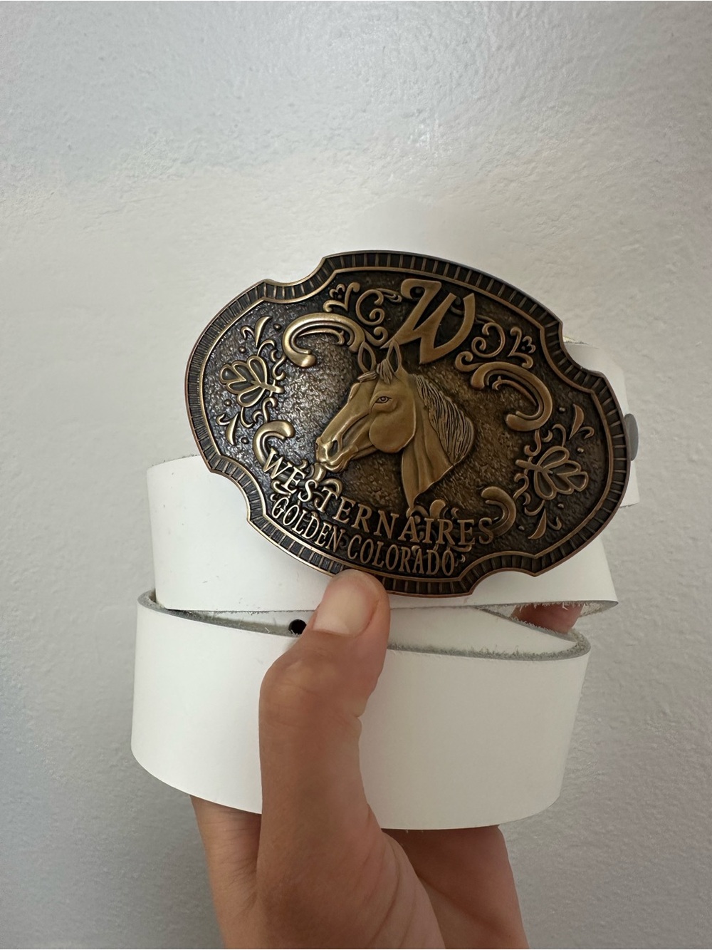 White Leather Western Belt Large Bronze Horse Buckle Westernaires Colorado L